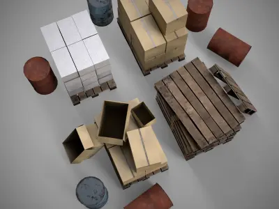Set of different materials boxes  pallets  blocks barrels Low-poly 3D model
