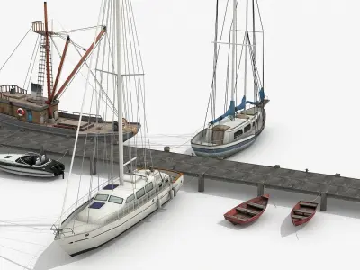 Pier with Sailboats and Yachts 3D Models Scene Low-poly 3D model