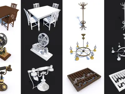 80 Vintage Antique Interior Exterior Furniture Props Collection Low-poly 3D model