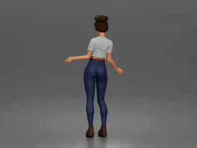 young woman standing pose in t-shirt jeans boots outfit 3D print model