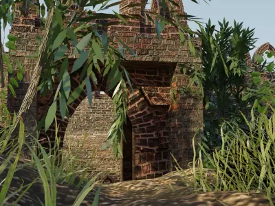 Castle old stone gate in middle of grassy area Low-poly 3D model