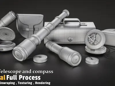 Pirate Telescope and compass Low-poly 3D model