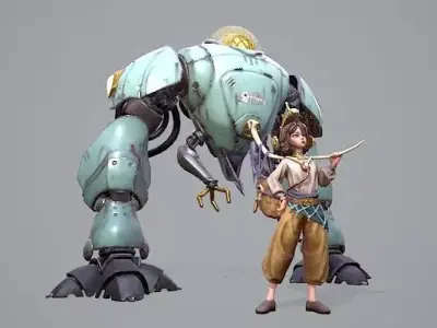 Science fiction fishing little girl Low-poly 3D model