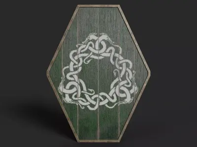 Slavic diamond-shaped shield painted green with uroboros symbol Low-poly 3D model