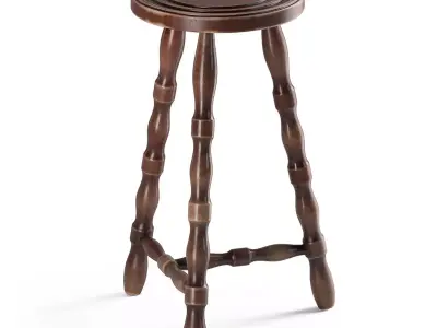 French Vintage Turned Oak Stool 3D model
