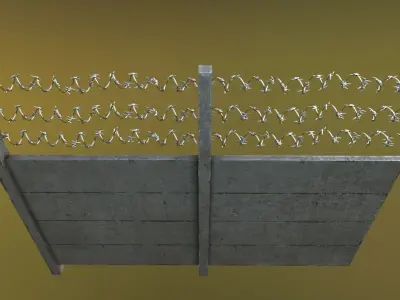 Modular Concrete Fence With Thick Barbed Wire Low-poly 3D model