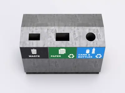Triple Compartment Recycling Bin - Urban Street Prop Low-poly 3D model