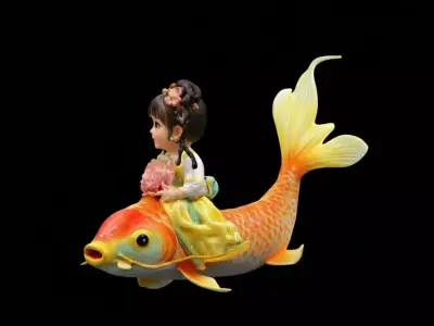 Chinese Girl with Fish Doll  Low-poly 3D model