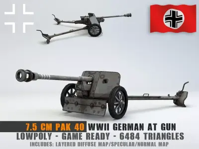 Low Poly 7 5 cm Panzerabwehrkanone 40 Anti Tank Gun Low-poly 3D model