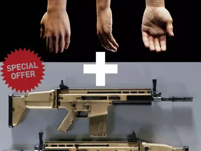 Human Hand and Assault Rifle  Low-poly 3D model