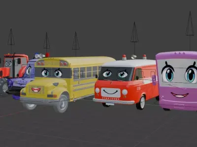 Rhymes Car Animated Five Cute Cartoon Vehicles 3D model