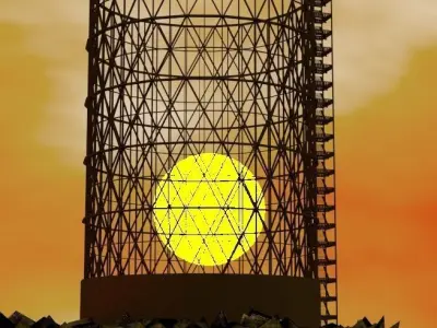 gasometer water tower with sun setting behind it Free 3D model