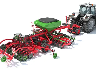 Tractor with Trailed Seed Drill 3D model