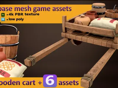 Wooden cart and game assets with PBR texturing Low-poly 3D model