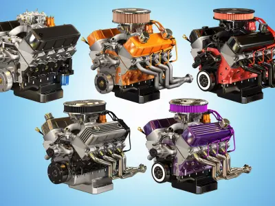 Muscle Car Engines - V8 Low-poly Engines 5 in 1 3D Model Pack