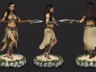 Native american warrior woman with polearm high poly resolution 3D model