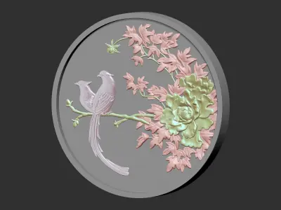 Peony bird relief 3D model