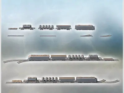 Modular railway convoy set with diesel locomotive industrial tra 3D print model