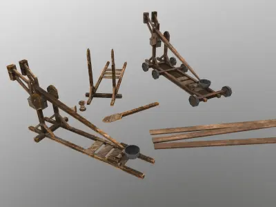 Low Poly Catapult wooden wheeled cart Low-poly 3D model