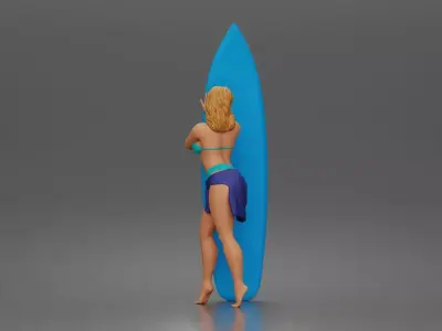 Surfer poses beside surfboard in ready for waves 3D print model