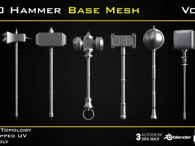 50 Hammer BASE MESH - VOL 02 Game Ready Low-poly 3D model