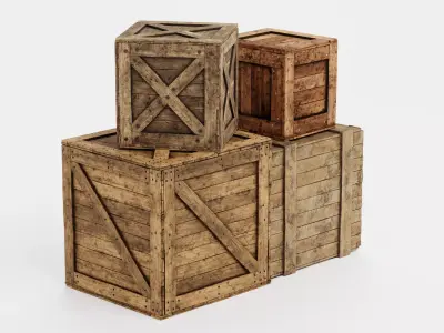 Wooden Crates Set V3 - 4 Weathered Storage Boxes 3D model