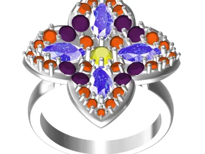 Antique Colorful Diamond Flower Engagement Ring 3D print model
