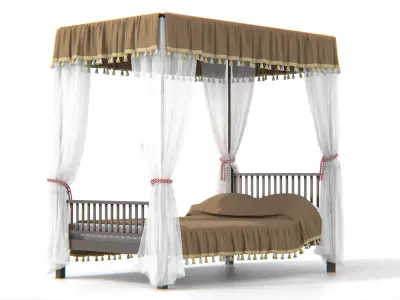 Traditional Asian Canopy Bed with Decorative Drapes 3D model