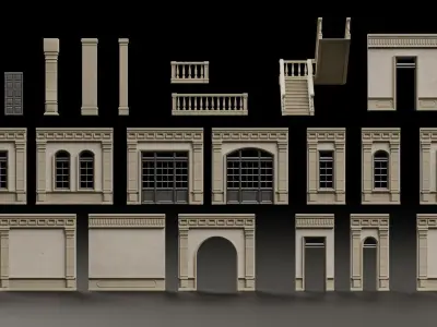 CLASSIC EUROPEAN KITBASH 04 MODULAR BUILDING WITH INTERIOR Low-poly 3D model