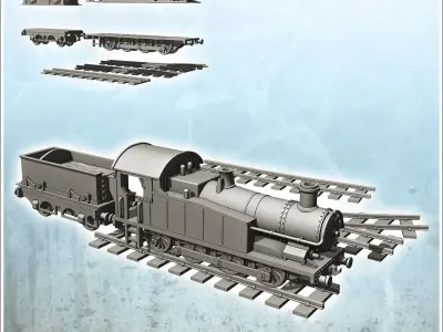 Steam locomotive with coal cars and rail set 4 - Modern WW2 WW1  3D print model