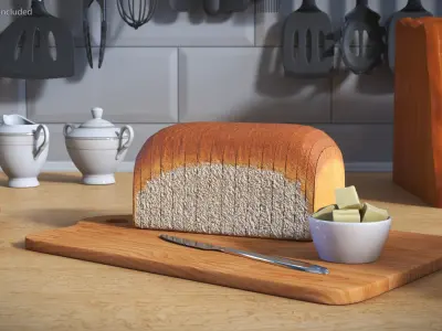 Slices of White Bread with Butter on Wooden Board 3D model