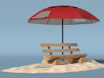Beach Umbrella with Wooden Bench on Sand Red 3D model