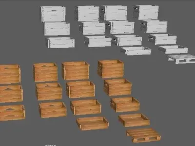Set wooden boxes of different heights and pallets Low-poly 3D model