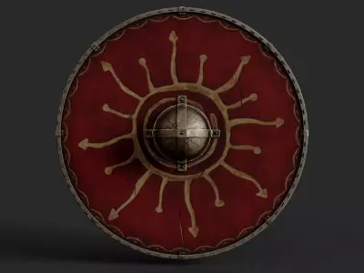 Slavic round leather shield-painted red with Sun symbol Low-poly 3D model