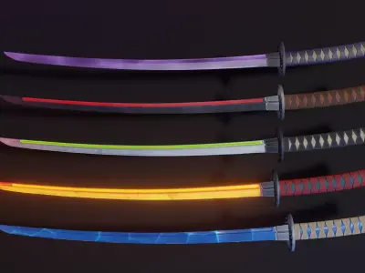 Stylized Katana Asset with five skins low poly game ready Low-poly 3D model
