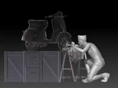 military mechanic with on vespa 3D print model