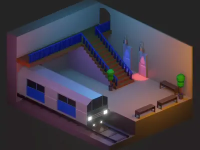 low poly isometric train in subway station Low-poly 3D model
