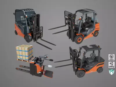 Forklift Trucks and Pallet Orange Collection All PBR Textures 3D Model Pack
