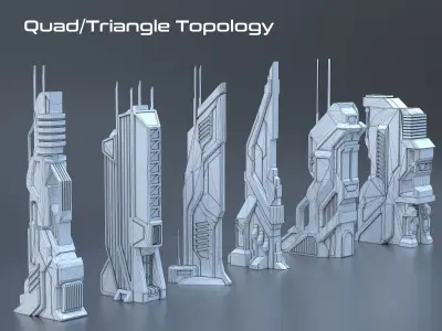 Sci Fi Building Pack - 6 Futuristic Skyscraper Architecture  Set Low-poly 3D model
