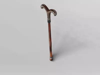 Elegant Wooden Walking Cane with Ornate Handle 3D model