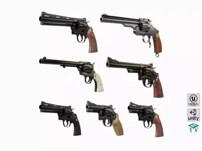 7 Black Revolvers Collection All PBR Unity UE Textures Included 3D Model Pack