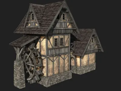  FANTASY WATERMILL MEDIEVAL BUILDING HOUSE HUT TOWN COLLECTION Low-poly 3D model