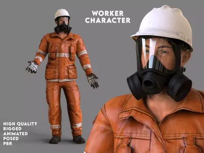 GAS MASK worker character RIGGED ANIMATED Low-poly 3D model