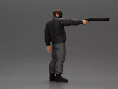 Masked man in black jacket aims shotgun with determined gaze 3D print model