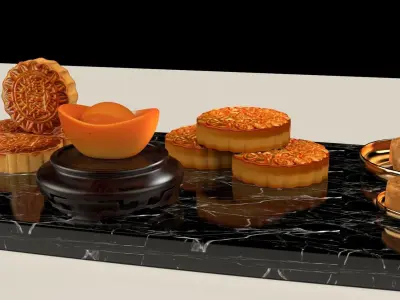 Chinese moon cake with yuan bao   3D model