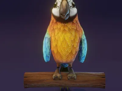 Cartoon Ara Parrot Blue-Yellow-Green Rigged 3D Model Low-poly 3D model