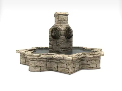Stone fountain with lion heads Low-poly 3D model