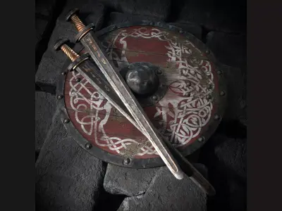 Viking sword and shield with Yggdrasil Low-poly 3D model