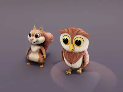 Cartoon Woodland Creatures - Animated Squirrel and Owl 3D Models Low-poly 3D model