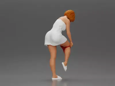 Woman in white towel lifting leg while putting on red underwear 3D print model